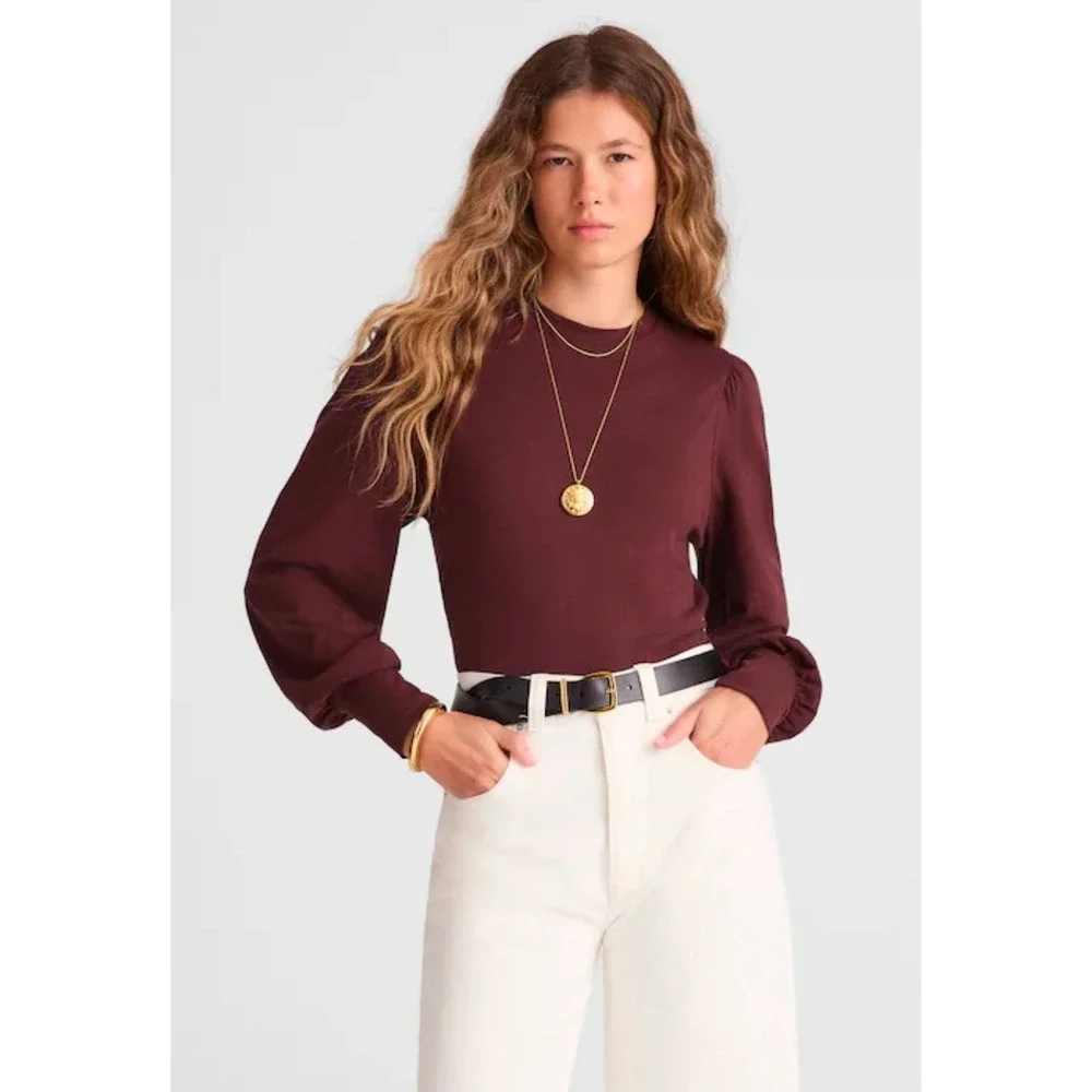 Madewell Women XXS Burgundy Puff‎ Sleeve Smocked Cuff Soft Slub Cotton Top